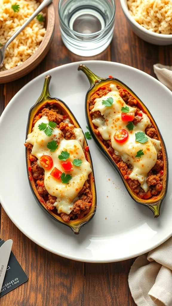 Stuffed 7-Inch Eggplant Recipe Stuffed 7-inch eggplant halves filled with meat and topped with cheese, garnished with parsley on a wooden table.